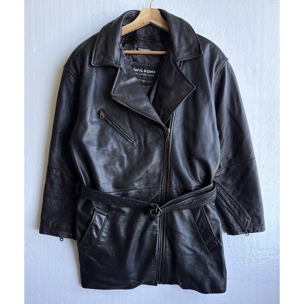 VTG 80s Wilson’s Women’s Large Brown Leather Moto Biker Belted Jacket Coat Retro